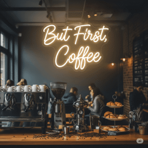 Led neono užrašas "But First, Coffee"